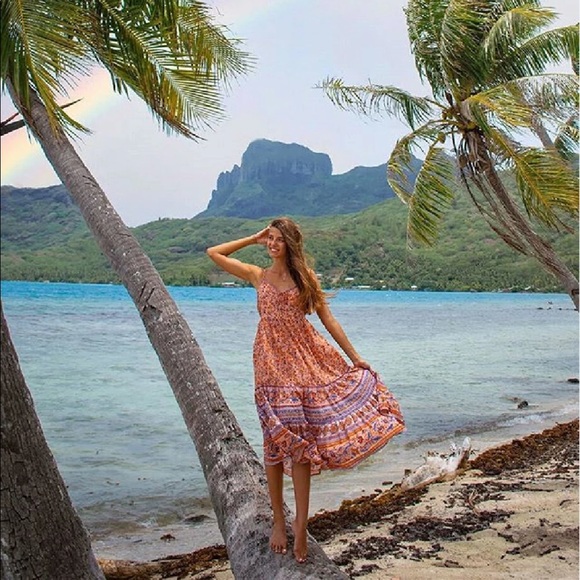 Boho Floral Gypsy Print Cami Maxi Dress Orange - Picture 2 of 16